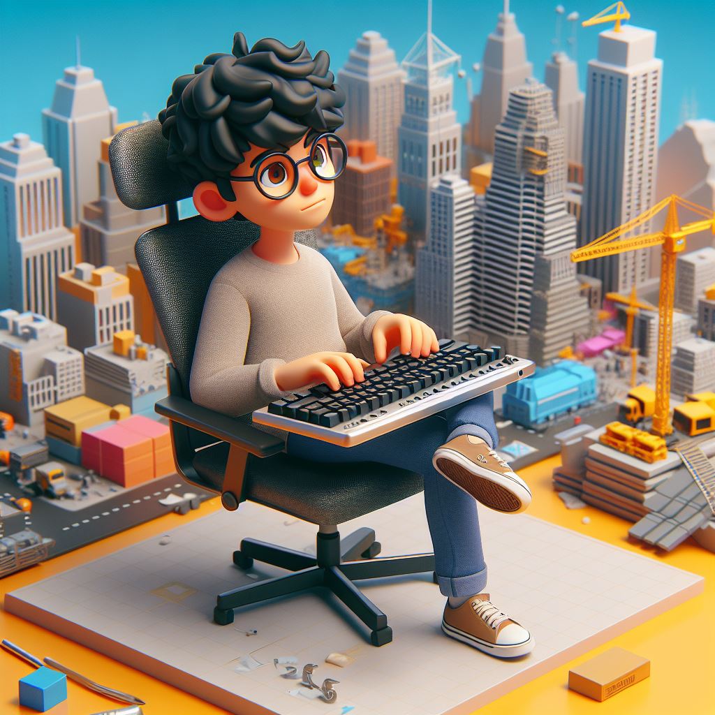 Um homem no topo de um prédio em construção sentado digitando em seu teclado.