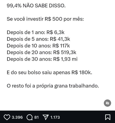Print do instagram de uma postagem mostrando que se você investir 500 reais por mês em 30 anos você terá 1 milhão